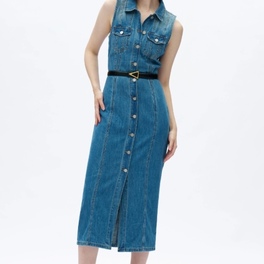 Bayeas Julia Cardigan Sleeveless Denim Button-Down Dress (Belt Is NOT Included)